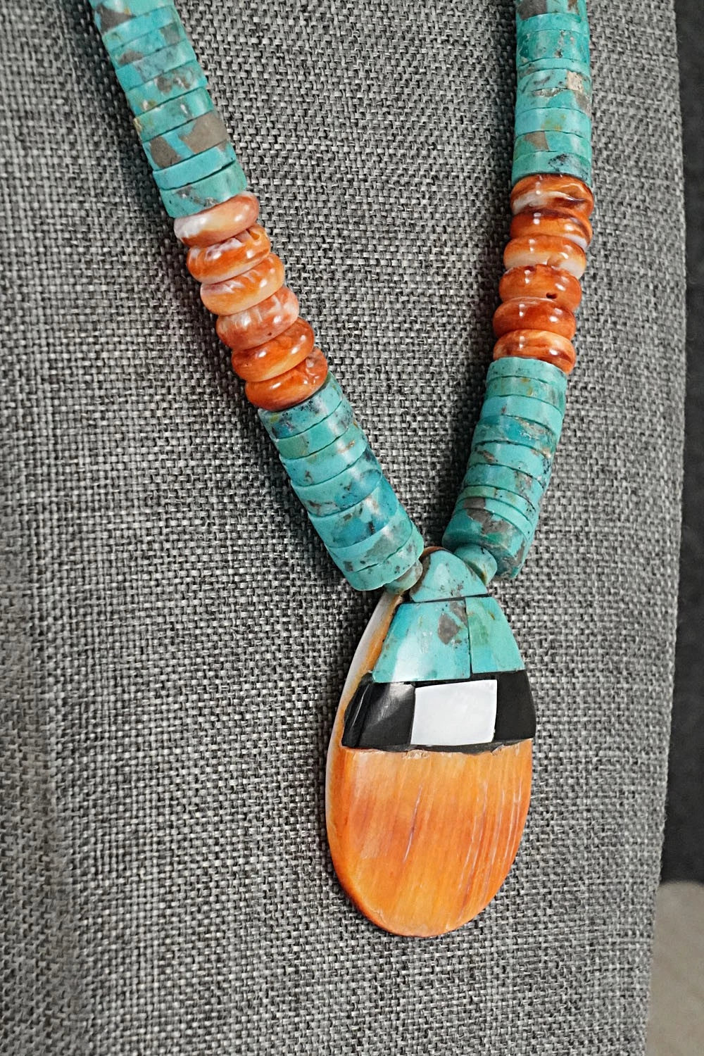 Turquoise, Spiny Oyster and Sterling Silver Necklace - Lupe Lovato