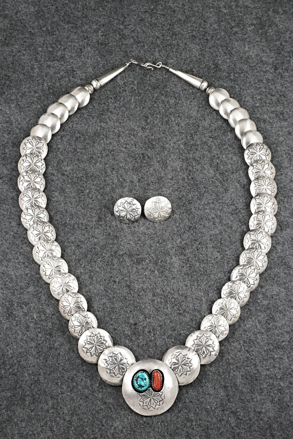 Turquoise, Coral & Sterling Silver Necklace and Earrings Set - Tim Thompson