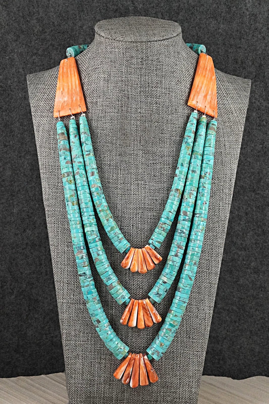 Turquoise, Spiny Oyster and Sterling Silver Necklace - Lupe Lovato