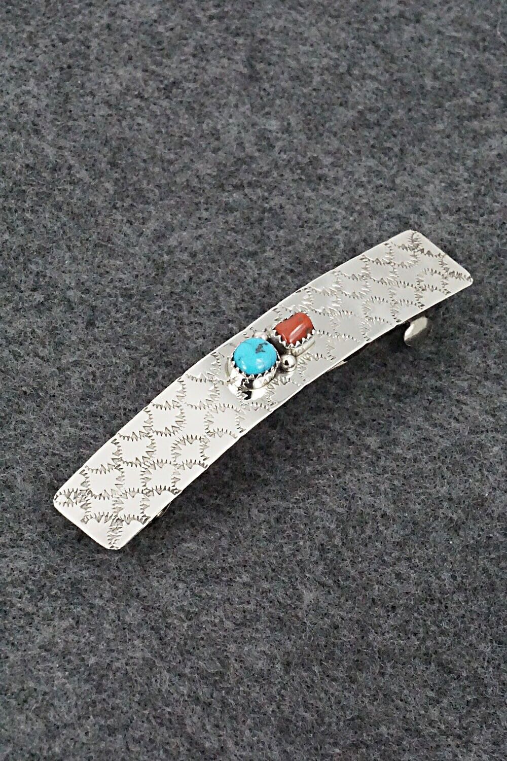 Turquoise, Coral & Sterling Silver Hair Barrette - Sally Arviso