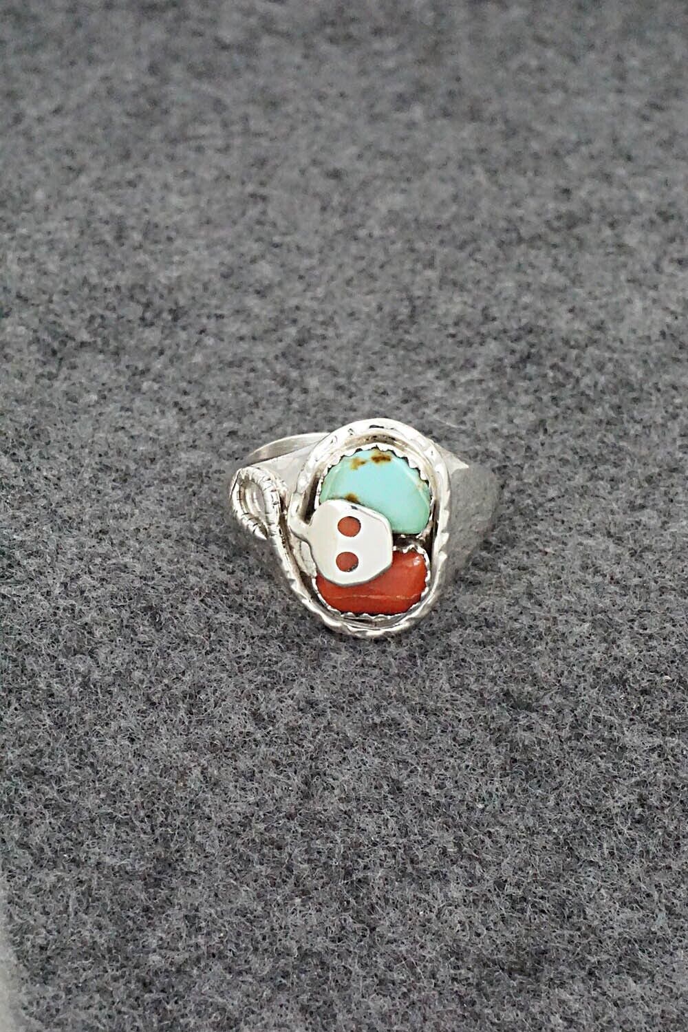 Turquoise, Coral & Sterling Silver Ring - Joy Calavaza - Size 7.5