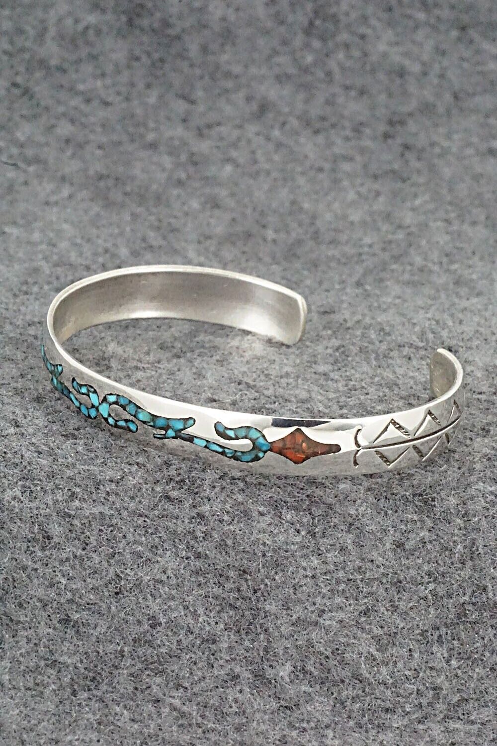 Turquoise, Coral & Sterling Silver Inlay Bracelet - Jolene Yazzie