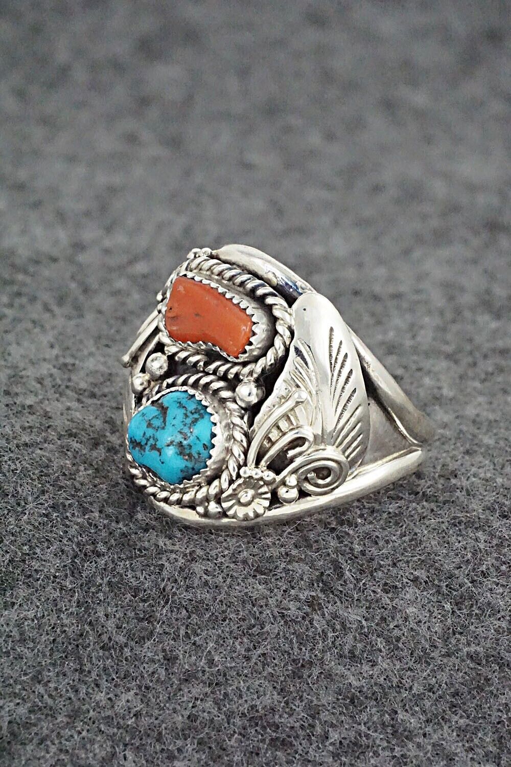 Turquoise, Coral & Sterling Silver Ring - Leonard Spencer - Size 12