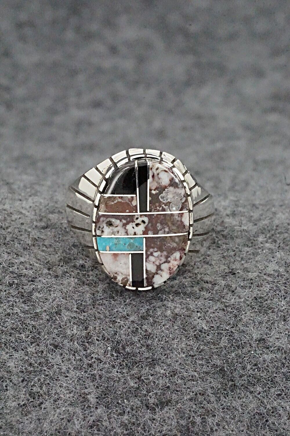 Wild Horse, Turquoise, Onyx & Sterling Silver Ring - Trevor Jack - Size 10.5