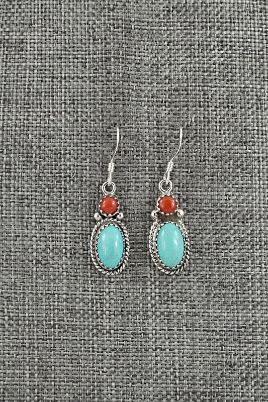 Turquoise, Coral & Sterling Silver Earrings - Verley Betone