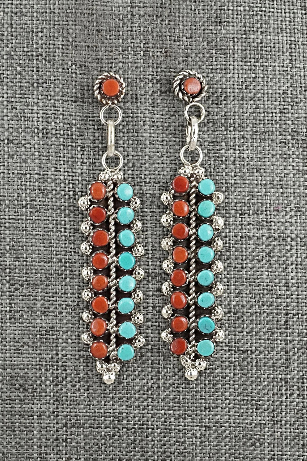 Turquoise, Coral & Sterling Silver Earrings - Jean Paisano