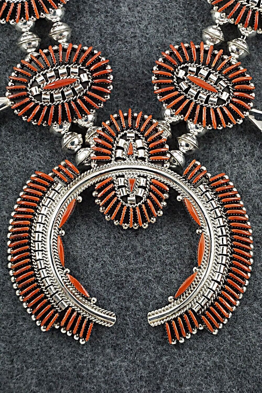 Coral & Sterling Silver Squash Blossom Set - Edmund Cooeyate