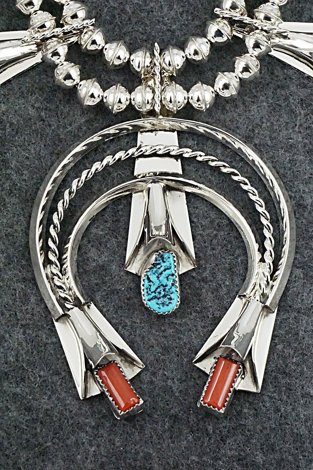 Turquoise, Coral & Sterling Silver Squash Blossom Set - Louise Yazzie