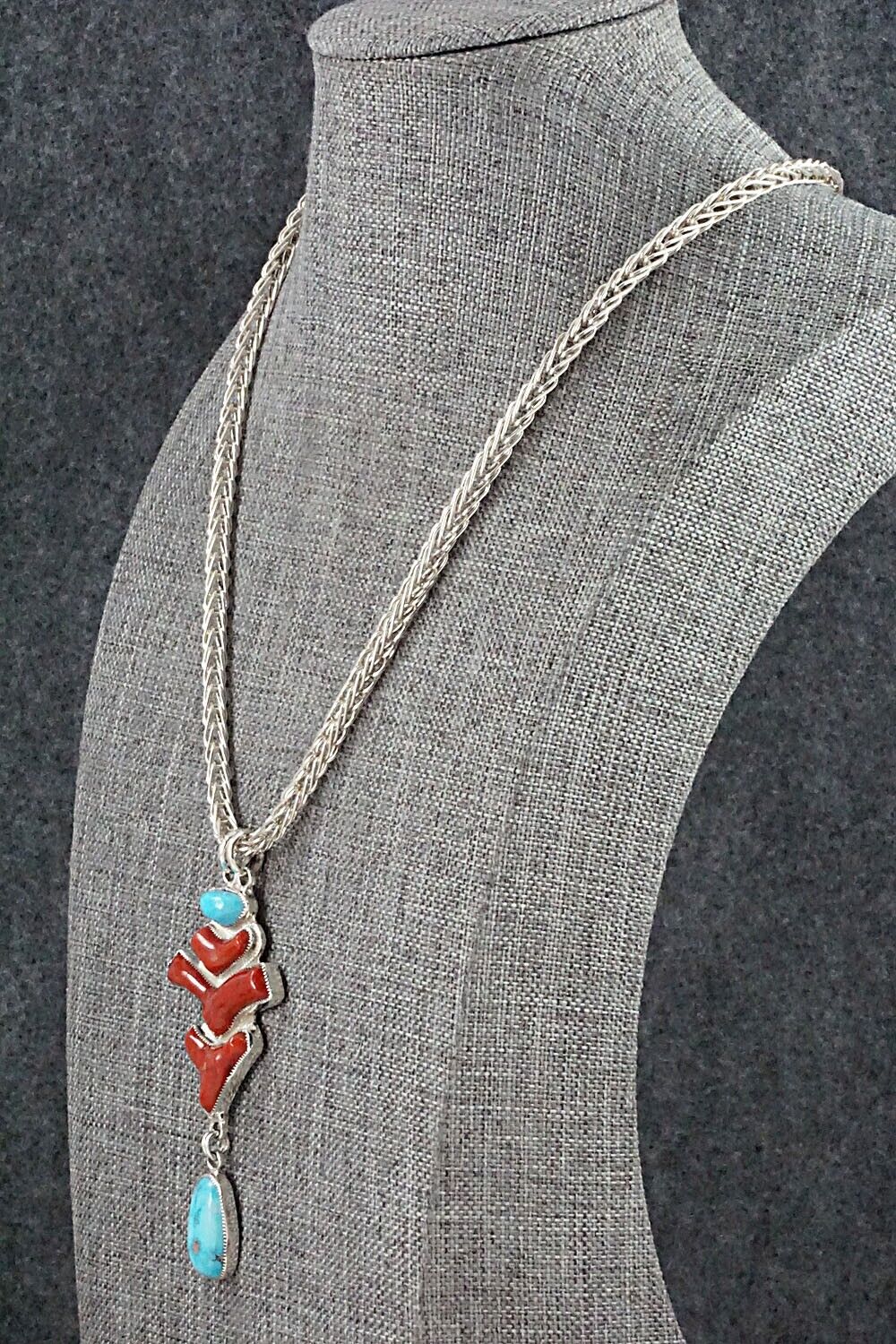 Turquoise, Coral & Sterling Silver Necklace - Smokey Gchachu