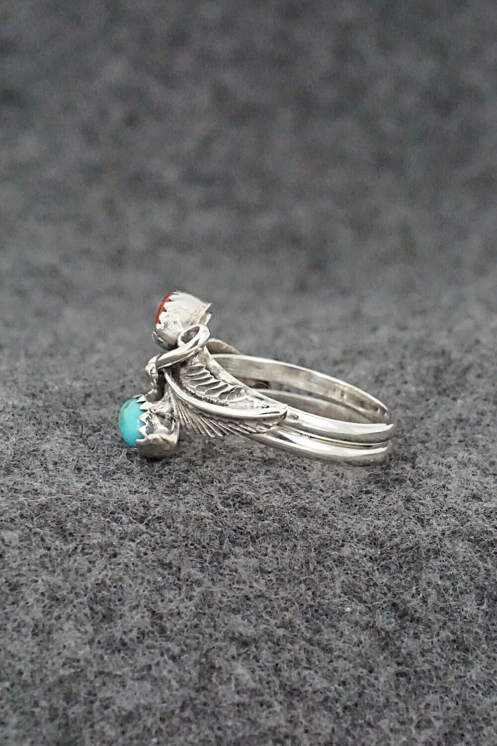 Turquoise, Coral & Sterling Silver Ring - Harry B. Yazzie - Size 6.5
