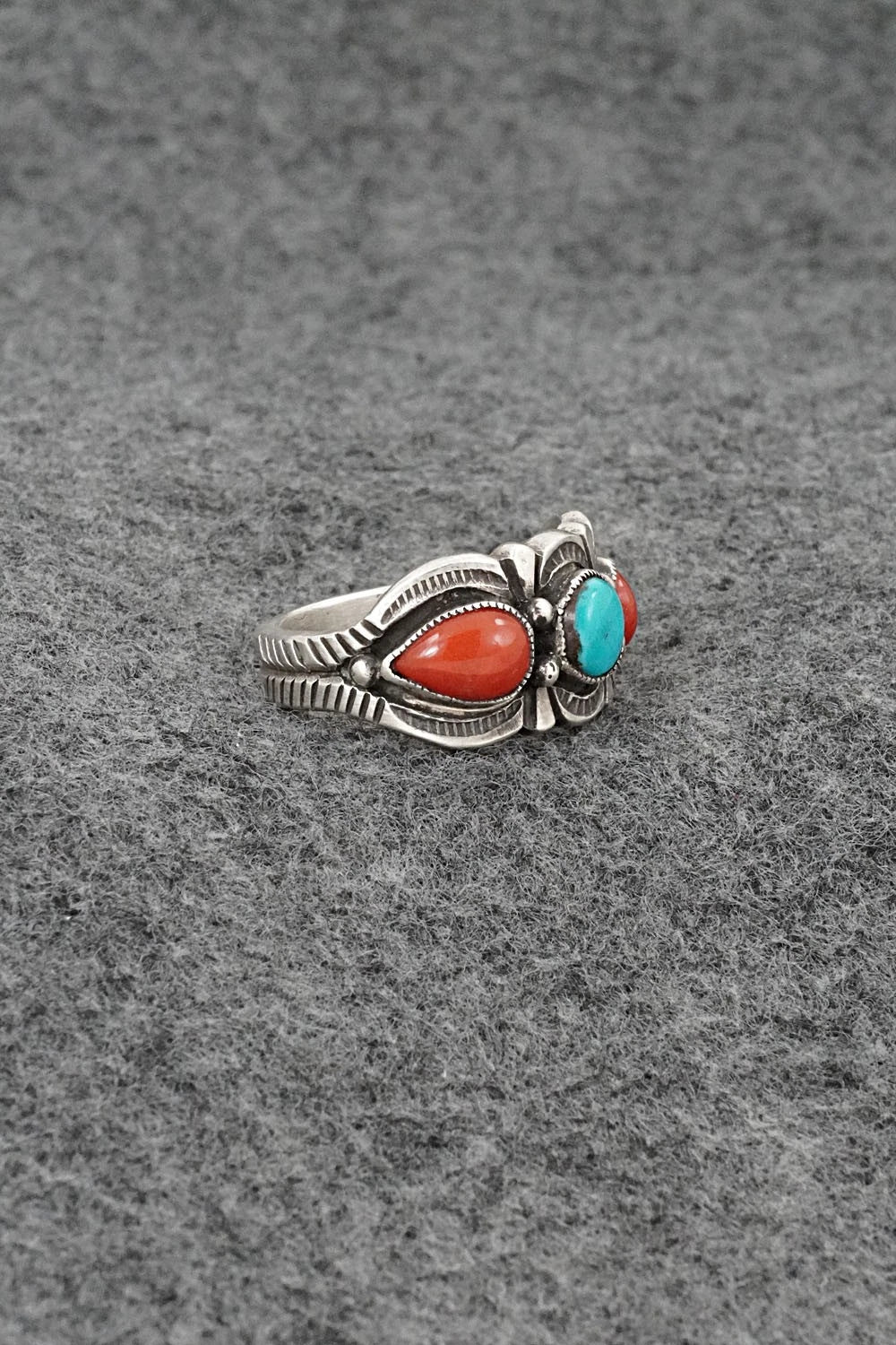 Turquoise, Coral & Sterling Silver Ring - Calvin Martinez - Size 9