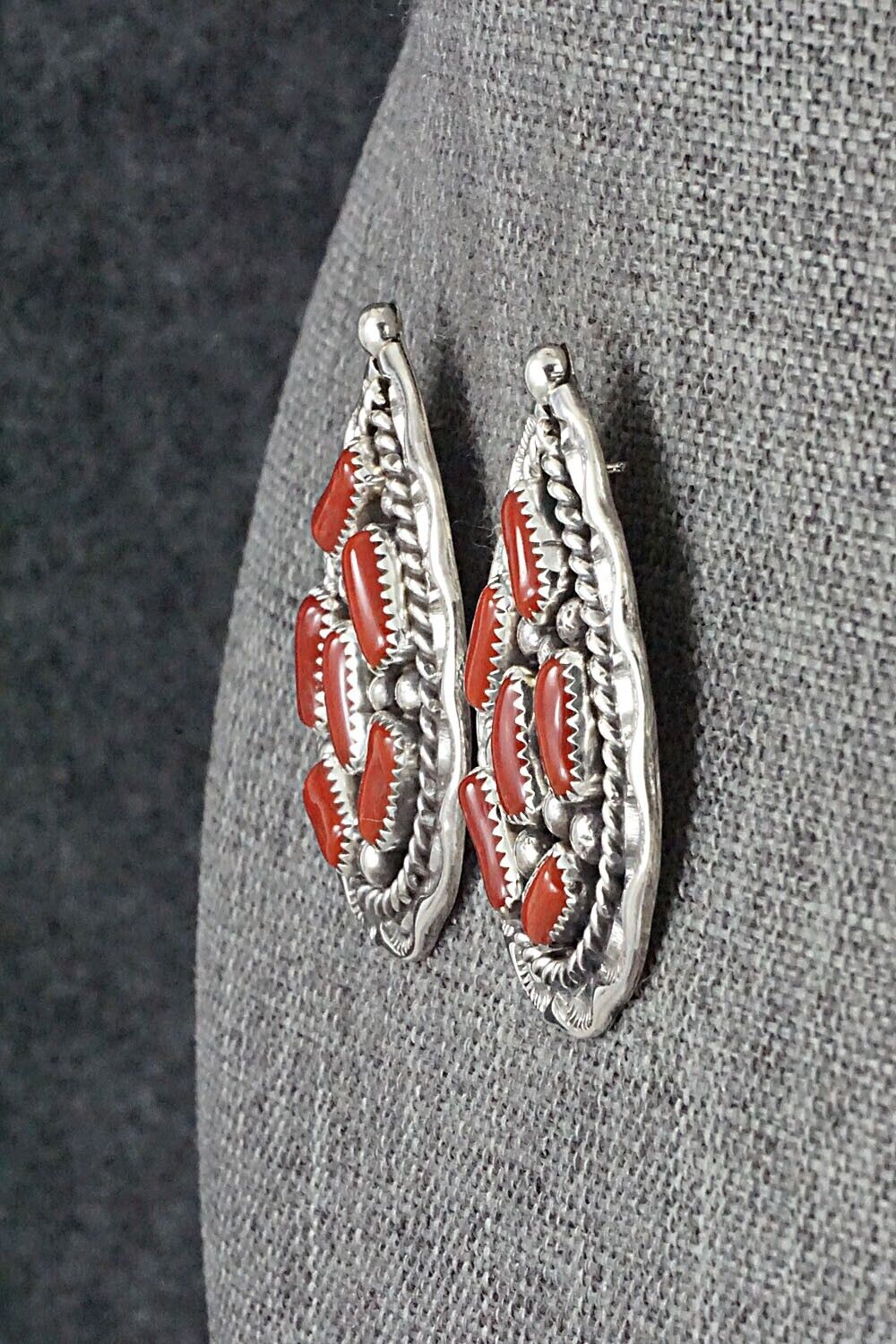 Coral & Sterling Silver Earrings - Chester Charley