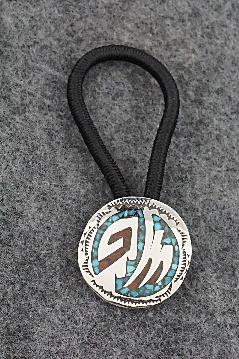 Turquoise, Coral Chip Inlay & Sterling Silver Hair Tie - Joleen Yazzie