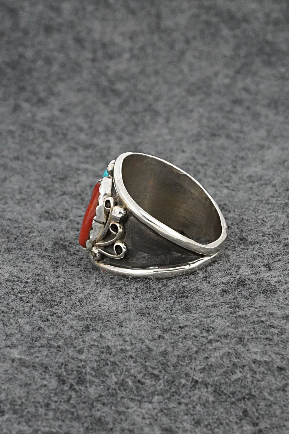 Turquoise, Coral & Sterling Silver Ring - Darrell Morgan - Size 12