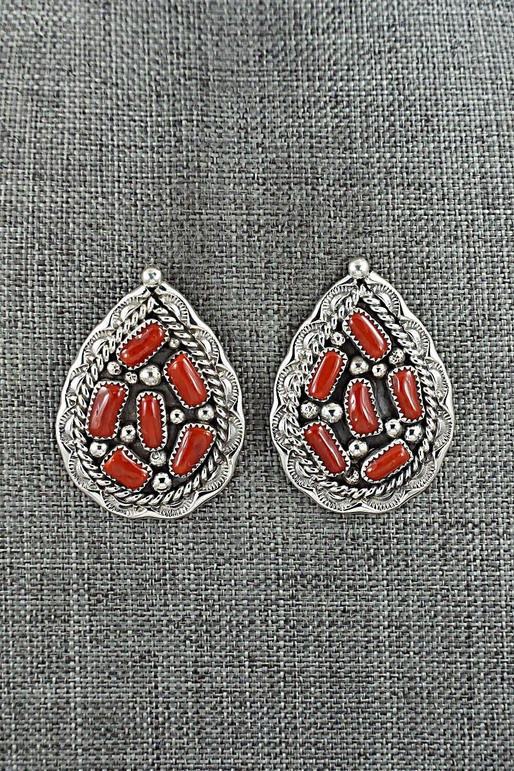 Coral & Sterling Silver Earrings - Chester Charley