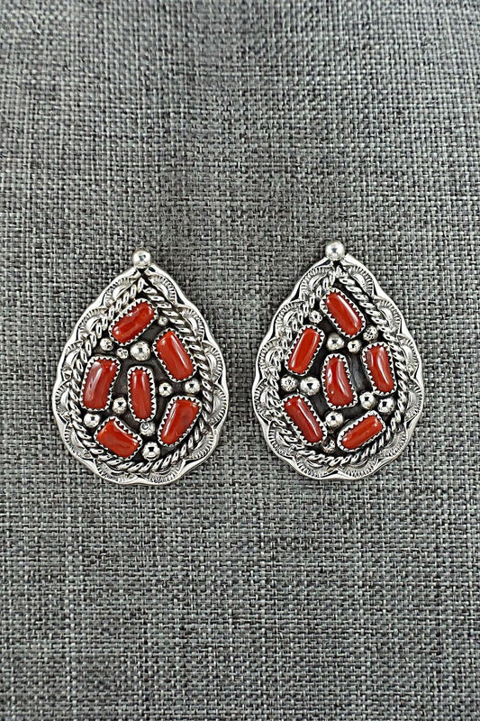 Coral & Sterling Silver Earrings - Chester Charley