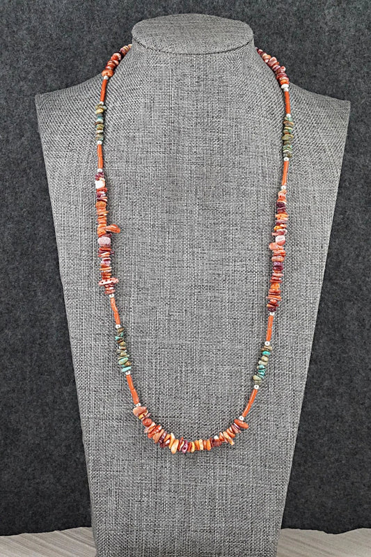 Spiny Oyster, Turquoise & Sterling Silver Necklace 22" - Erika Brown