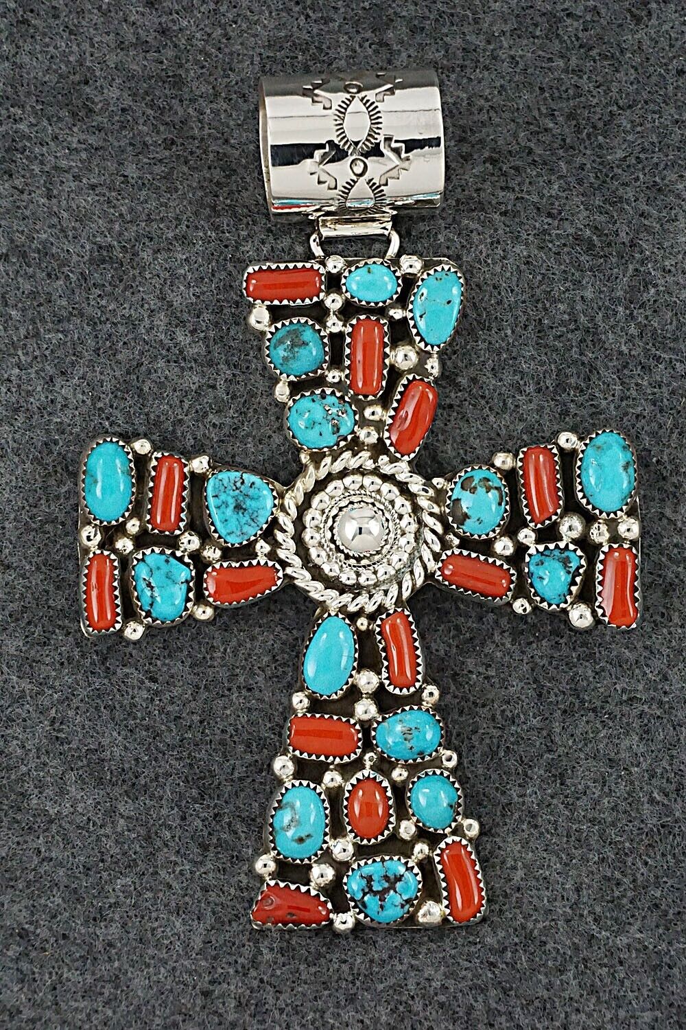 Turquoise, Coral and Sterling Silver Pendant - Marlene Haley