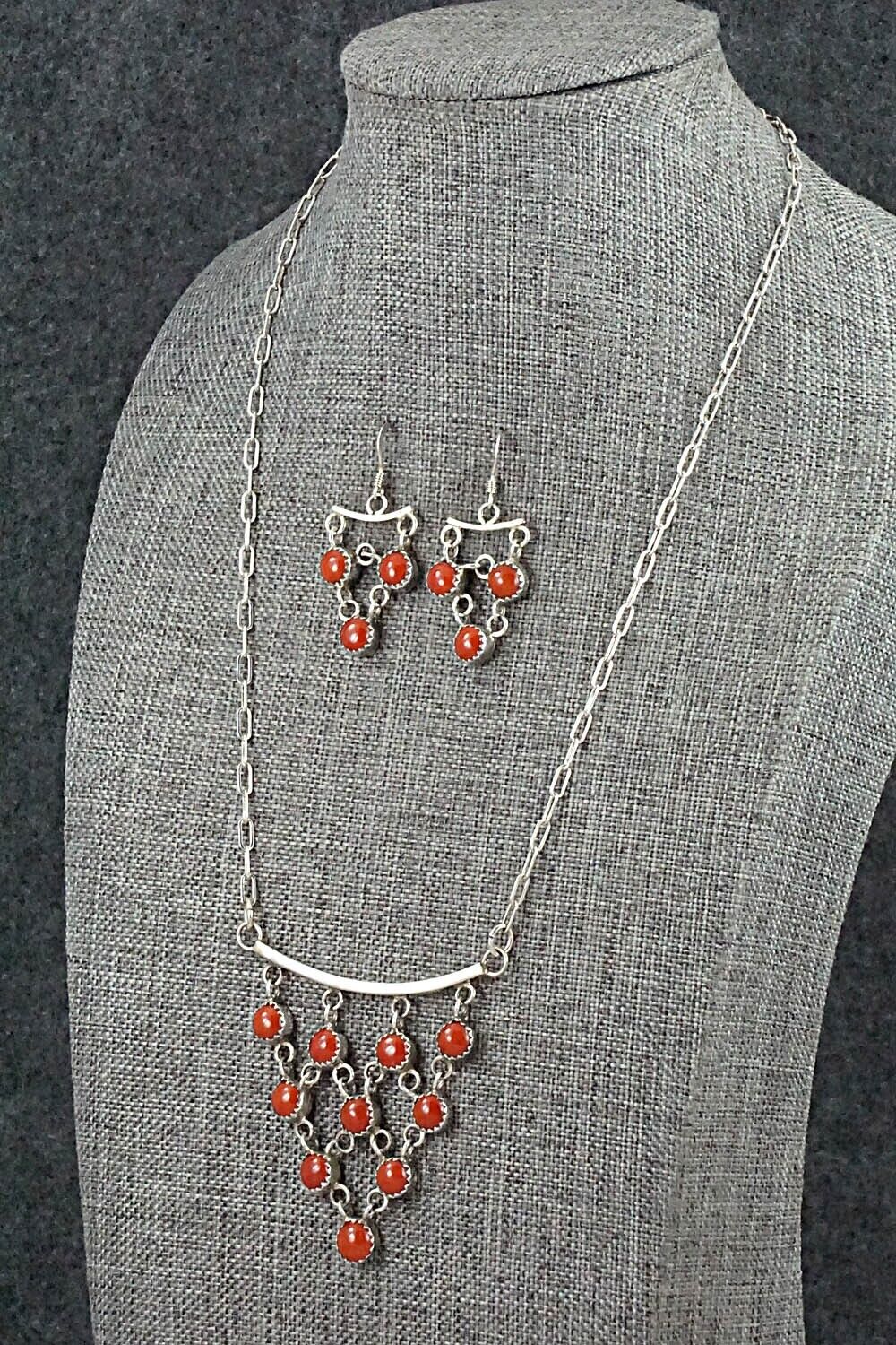 Coral & Sterling Silver Necklace and Earrings Set - Anthony Skeets