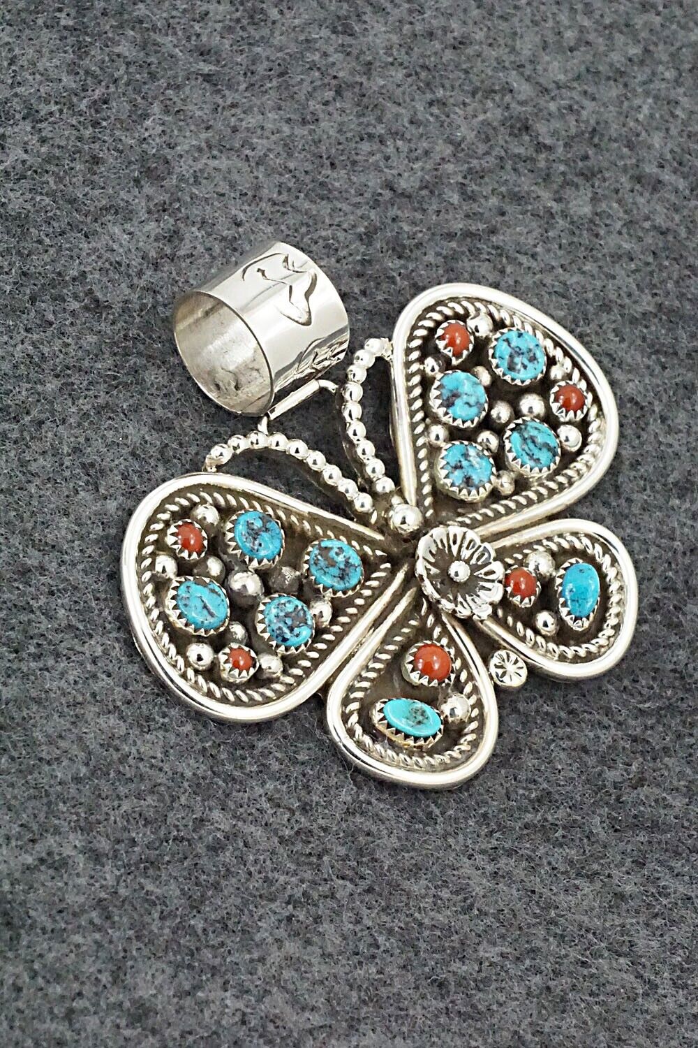 Turquoise, Coral & Sterling Silver Pendant - Darlene Begay