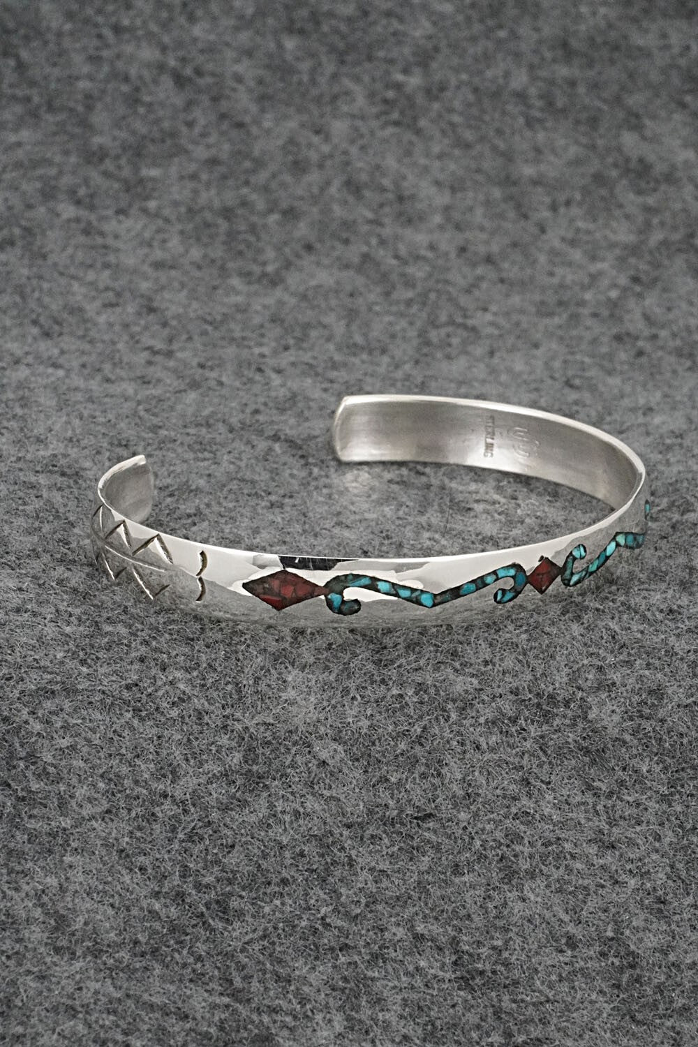 Turquoise, Coral Chip Inlay & Sterling Silver Bracelet - Joleen Yazzie