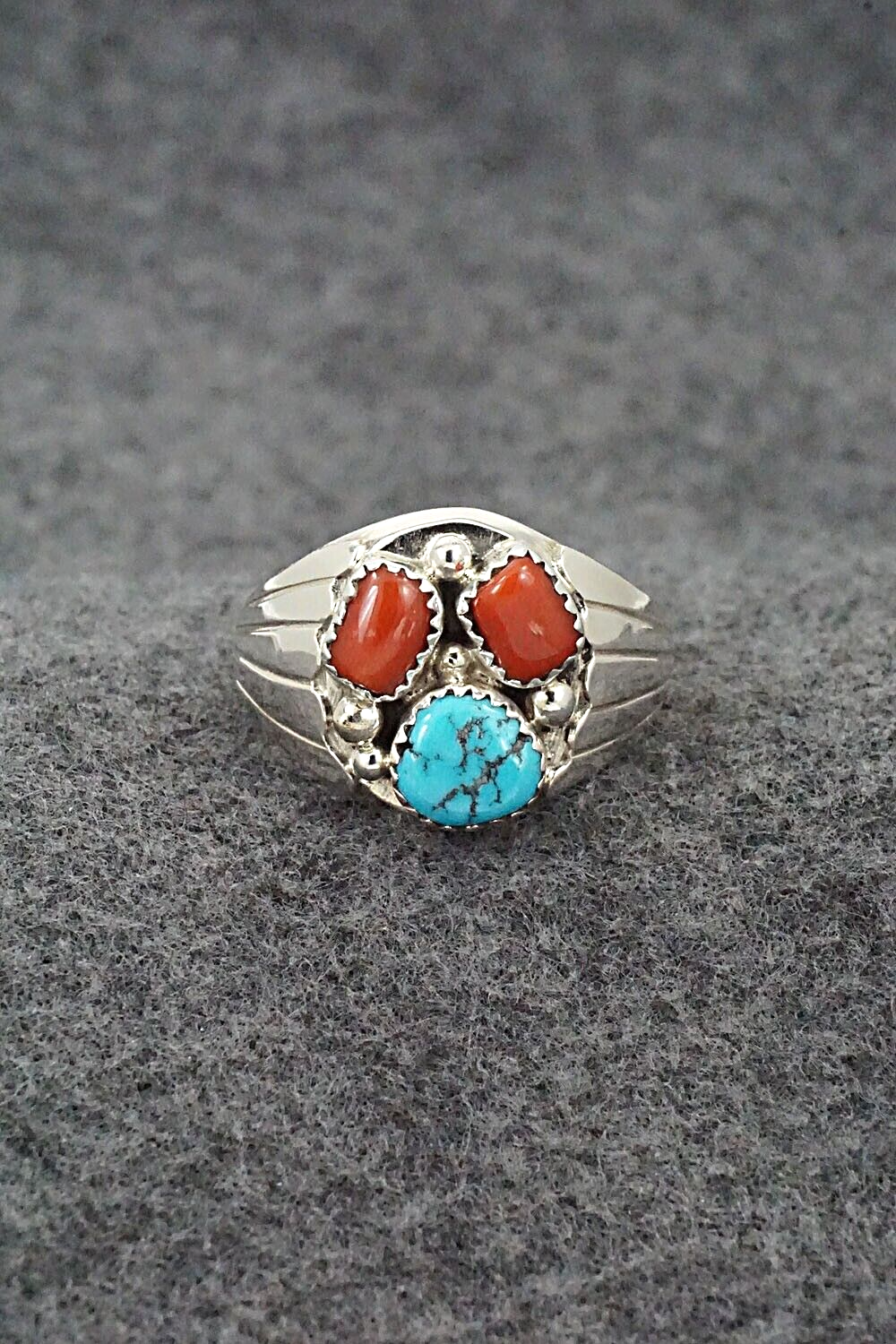 Turquoise, Coral and Sterling Silver Ring - Annie Spencer - Size 13.5