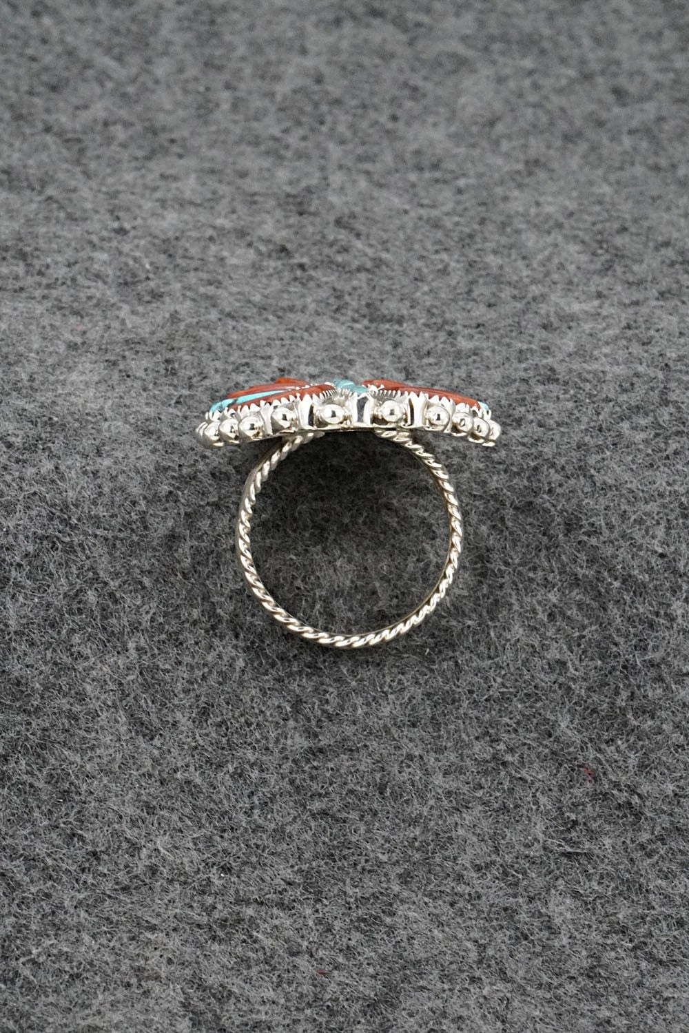 Turquoise, Coral & Sterling Silver Ring - Kyle Wilson - Size 8