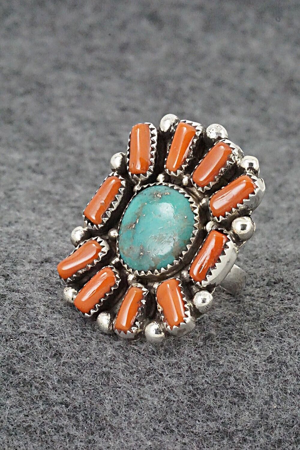 Turquoise, Coral & Sterling Silver Ring - Priscilla Reeder - Size 8.5