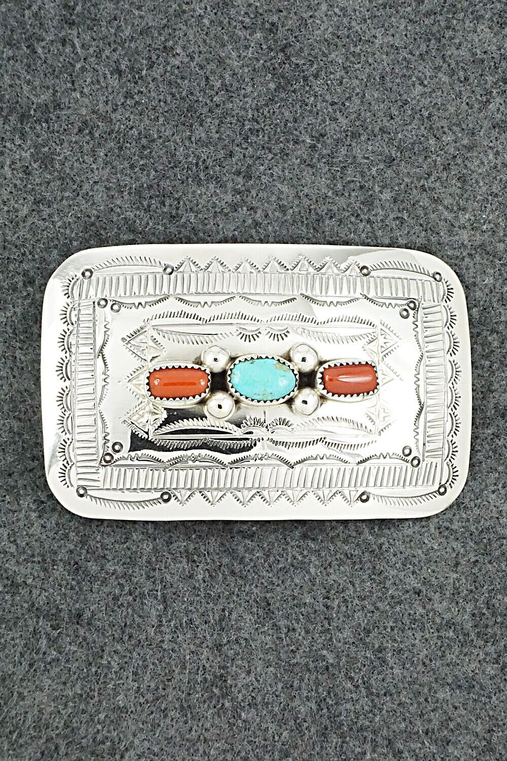 Turquoise, Coral & Sterling Silver Belt Buckle - Wilbur Myers