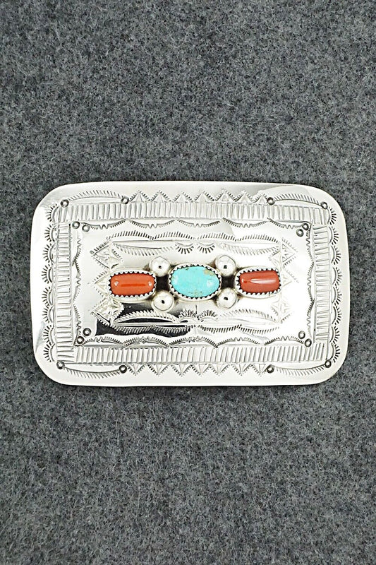 Turquoise, Coral & Sterling Silver Belt Buckle - Wilbur Myers