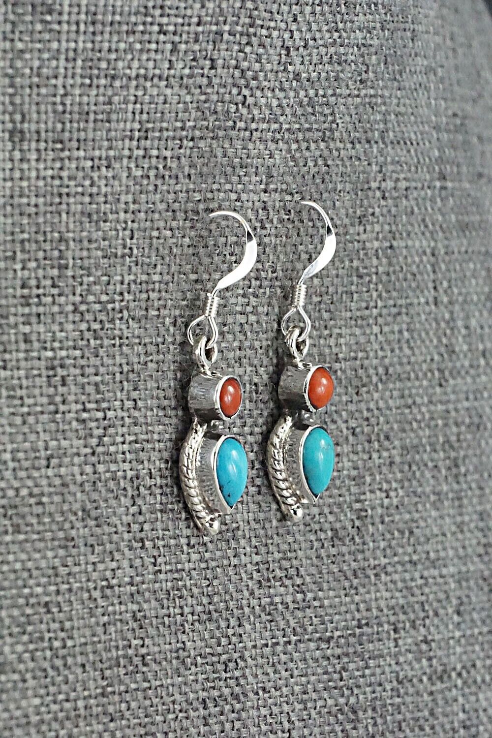 Turquoise, Coral & Sterling Silver Earrings - Verley Betone