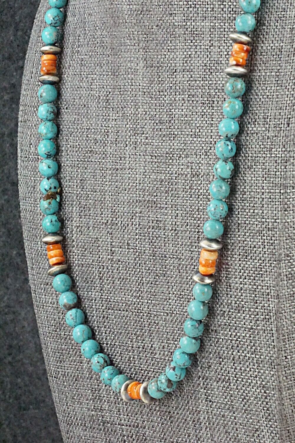 Turquoise, Spiny Oyster & Sterling Silver Necklace 20" - Doreen Jake