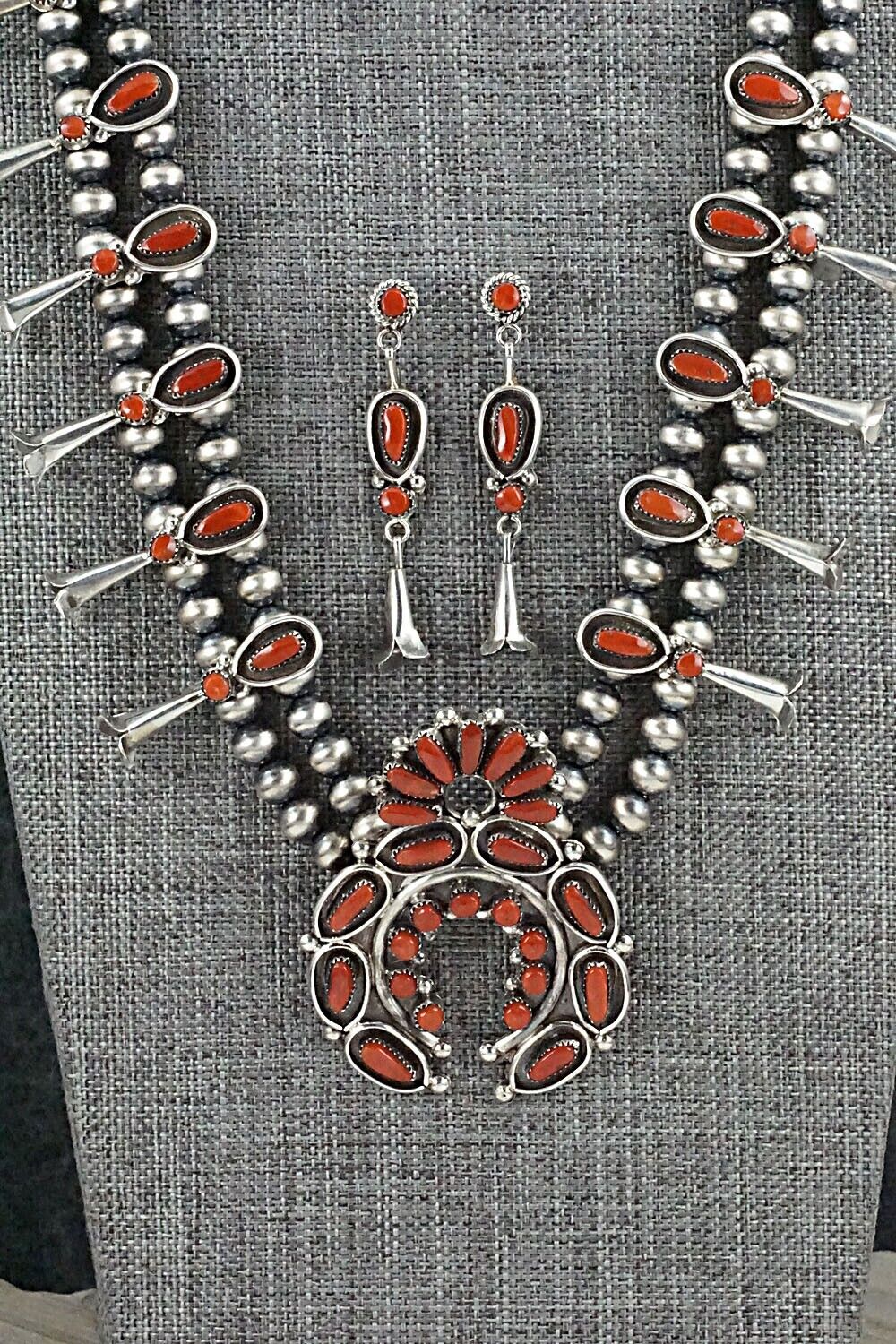 Coral & Sterling Silver Squash Blossom and Earrings Set - Vie Bobelu