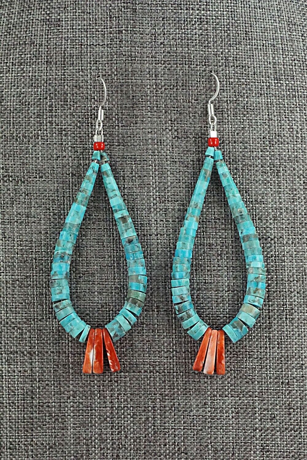 Turquoise, Spiny Oyster & Sterling Silver Earrings - Lupe Lovato