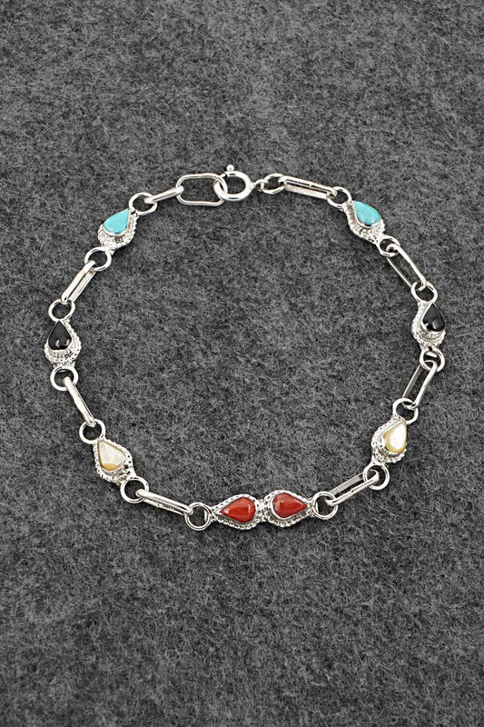 Multi-Stone & Sterling Silver Link Bracelet - Carol Lateyice