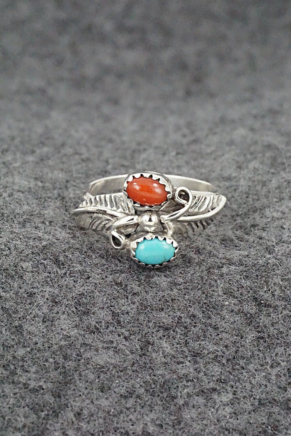Turquoise, Coral & Sterling Silver Ring - Harry B. Yazzie - Size 7.5