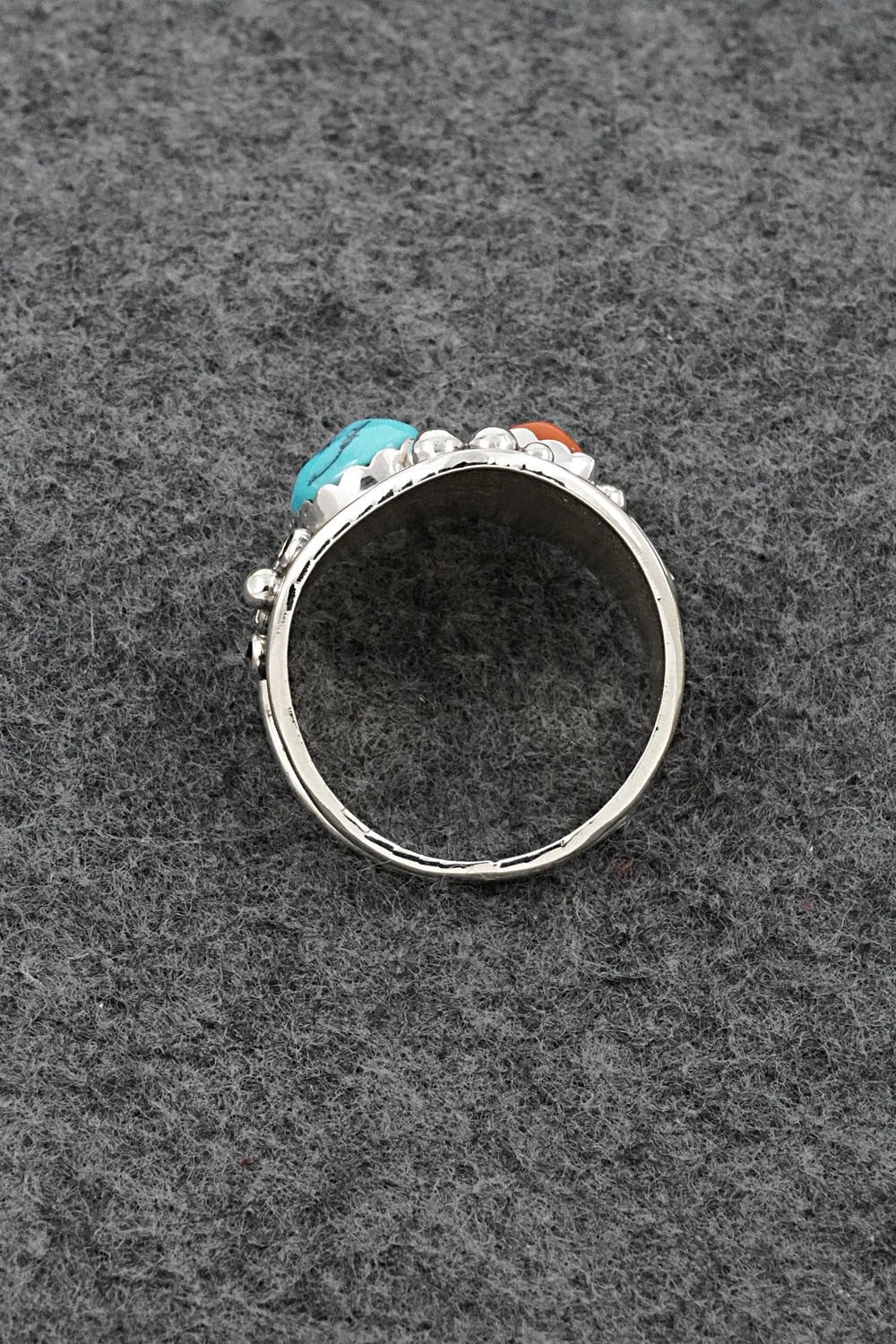 Turquoise, Coral & Sterling Silver Ring - Darrell Morgan - Size 14