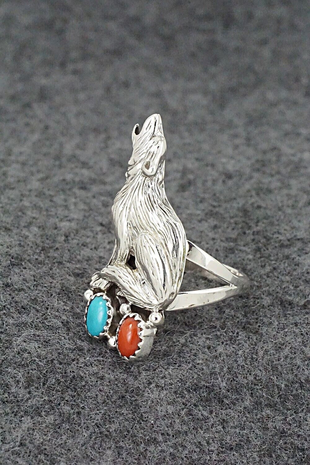 Turquoise, Coral & Sterling Silver Ring - Jerryson Henio - Size 7.5