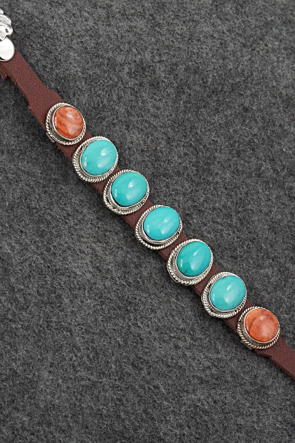 Turquoise, Spiny Oyster, Sterling Silver & Leather Bracelet - Bonnie Willie