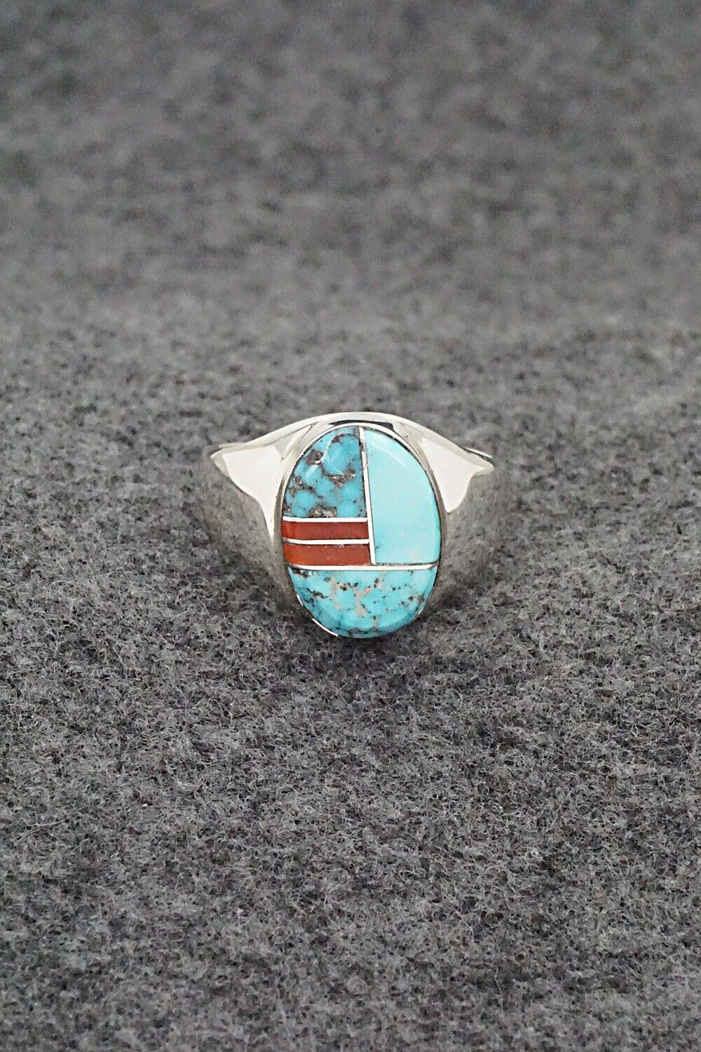 Turquoise, Coral & Sterling Silver Ring - Patrick Lincoln - Size 9.5