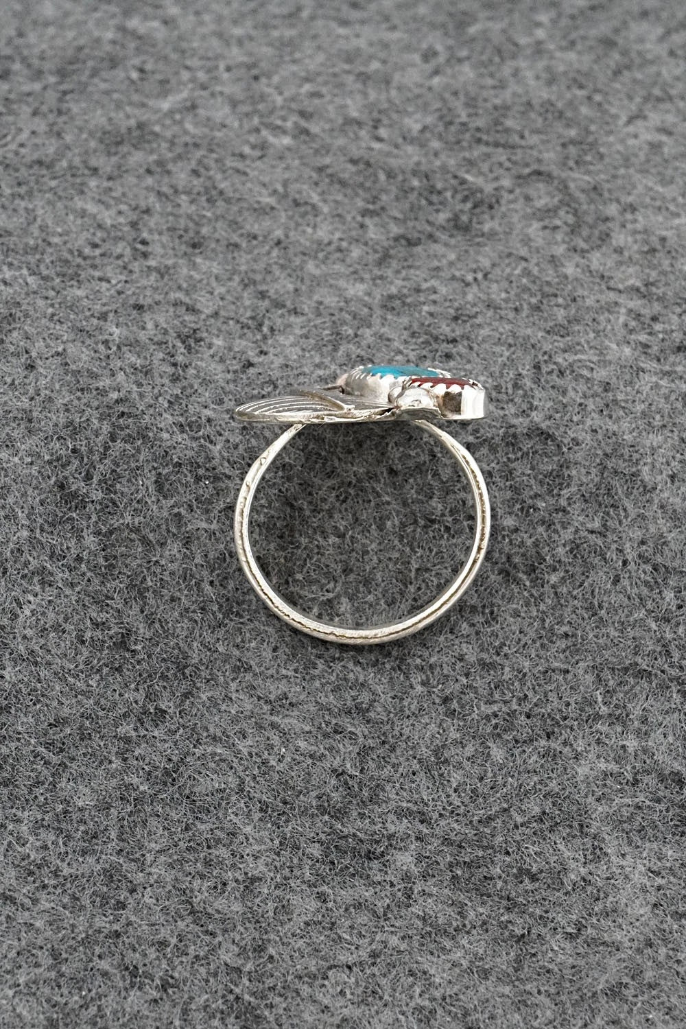 Turquoise, Coral & Sterling Silver Ring - Priscilla Reeder - Size 8
