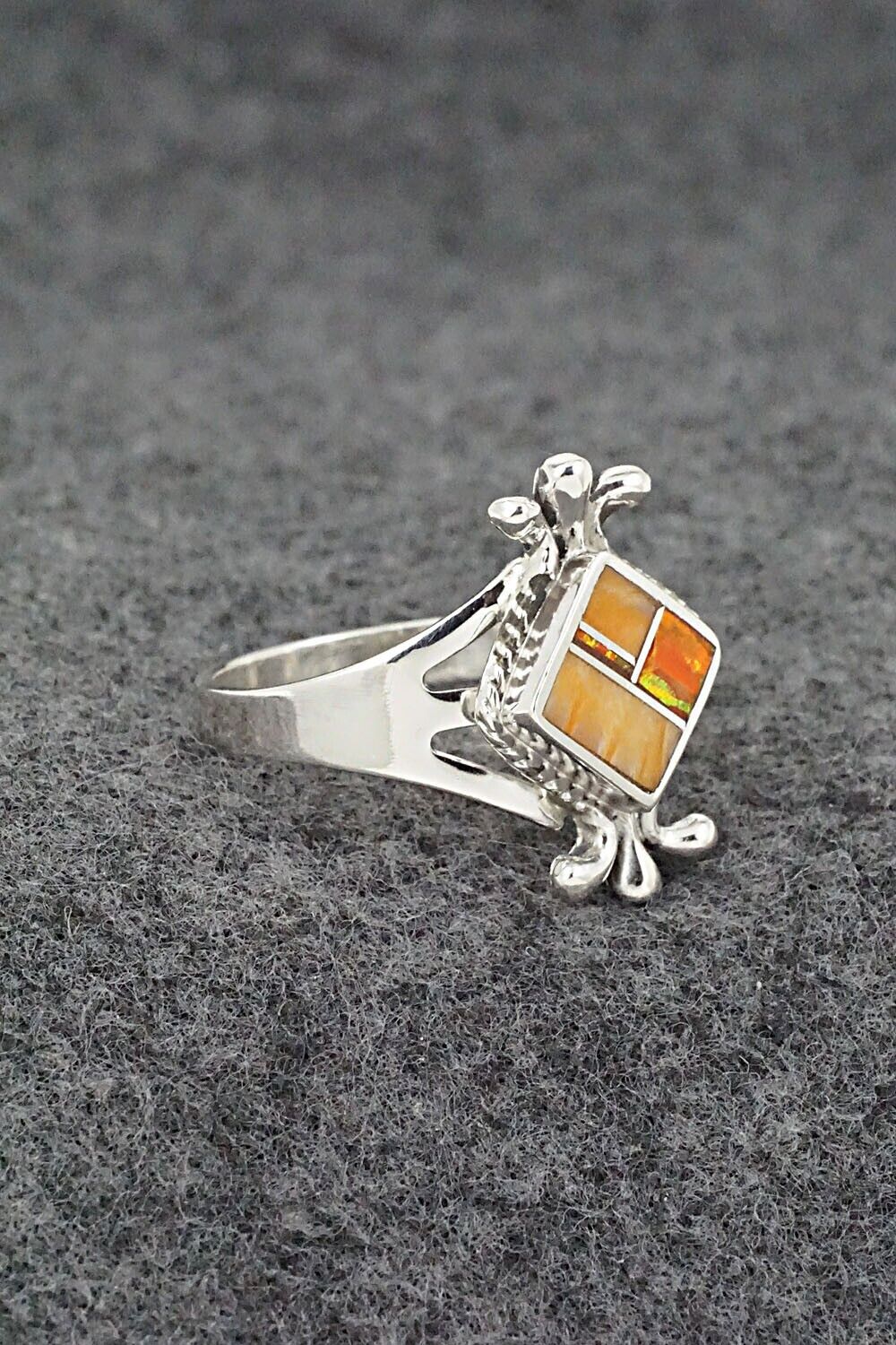 Spiny Oyster, Opalite & Sterling Silver Inlay Ring - James Manygoats - Size 9