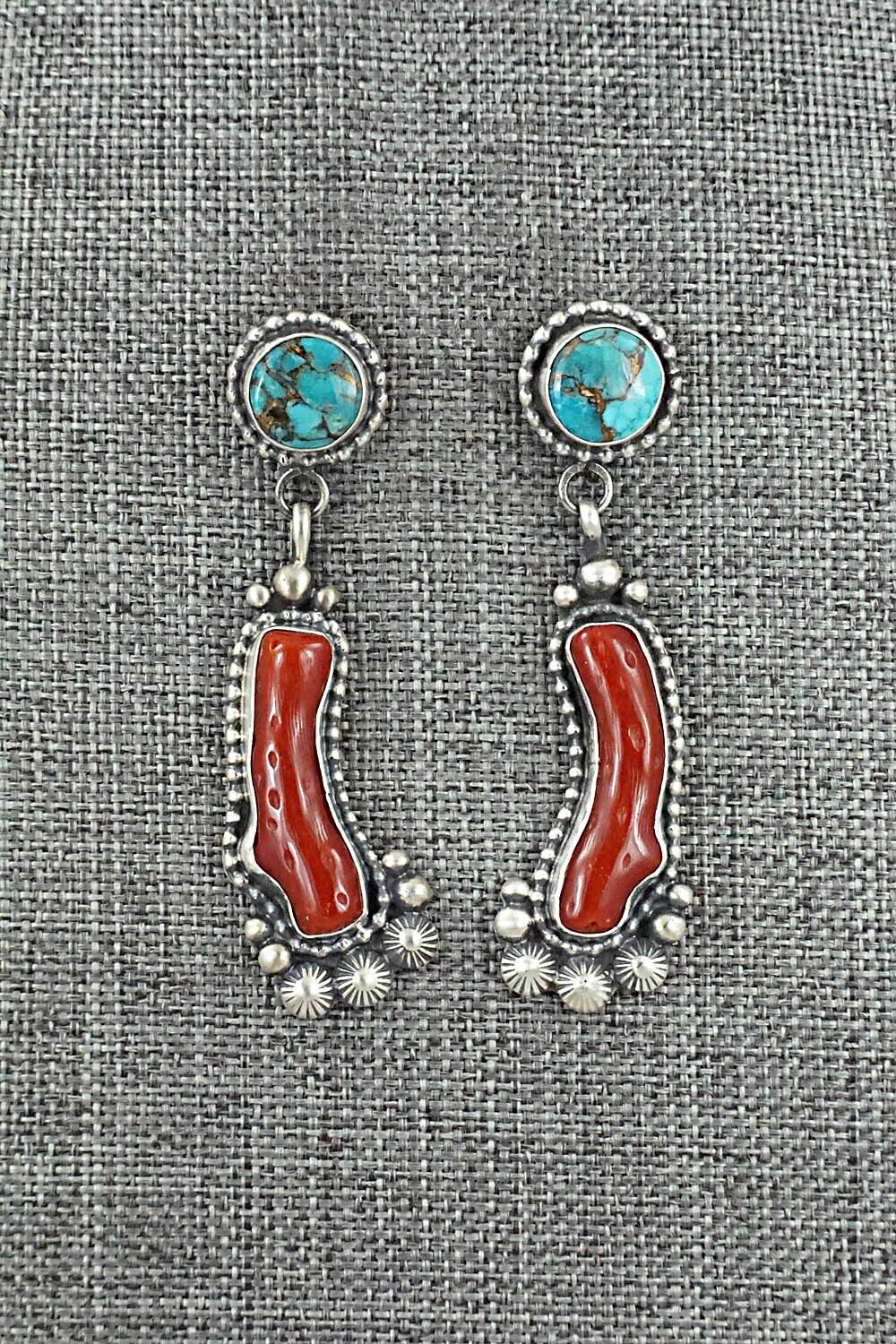 Turquoise, Coral & Sterling Silver Earrings - Tom Lewis