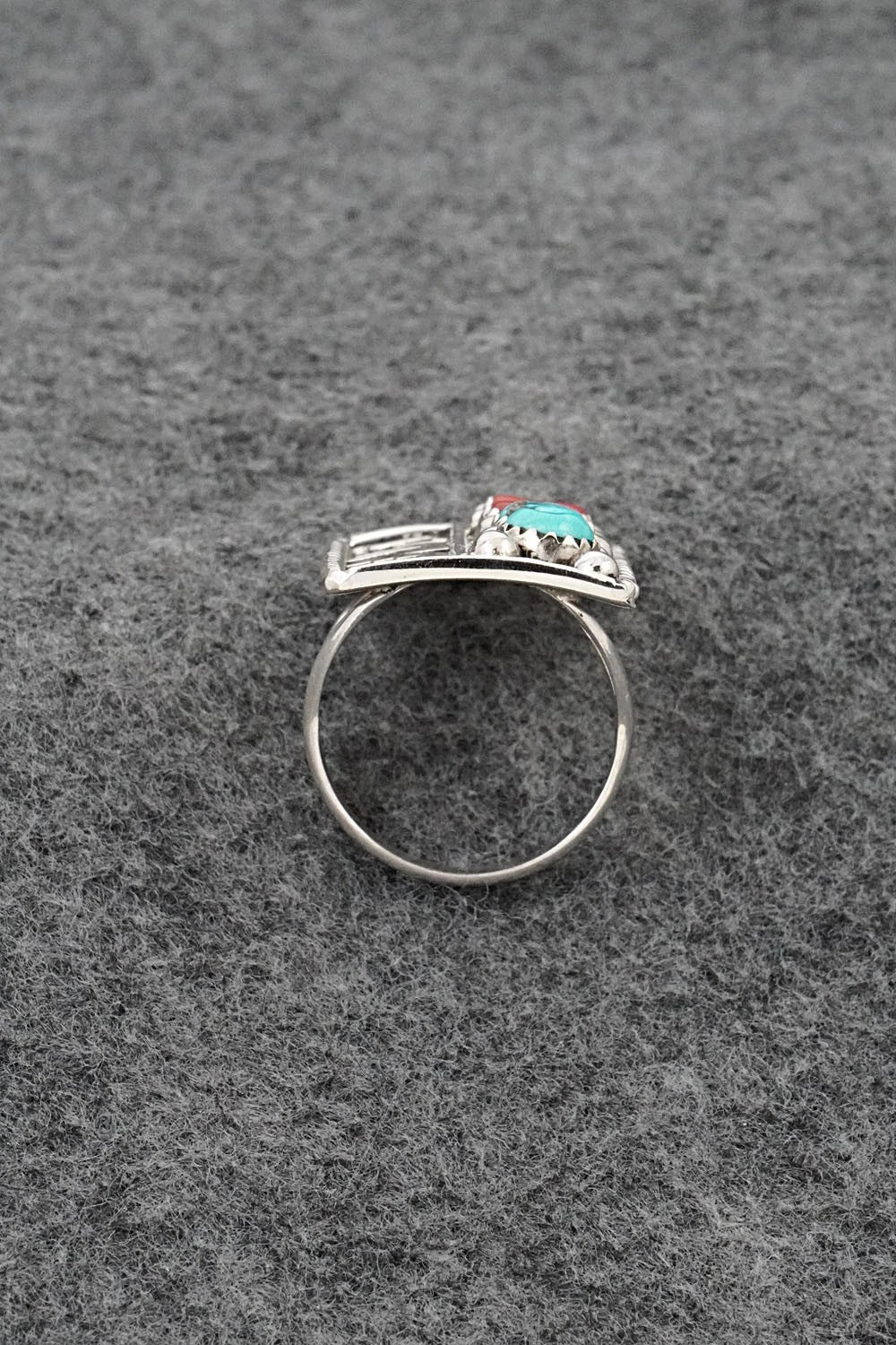 Turquoise, Coral & Sterling Silver Ring - Ronnie Spencer - Size 8.5
