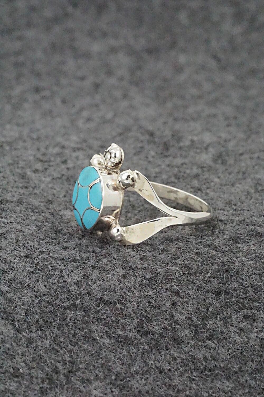 Turquoise & Sterling Silver Inlay Ring - Amelida Peynetsa - Size 8.5