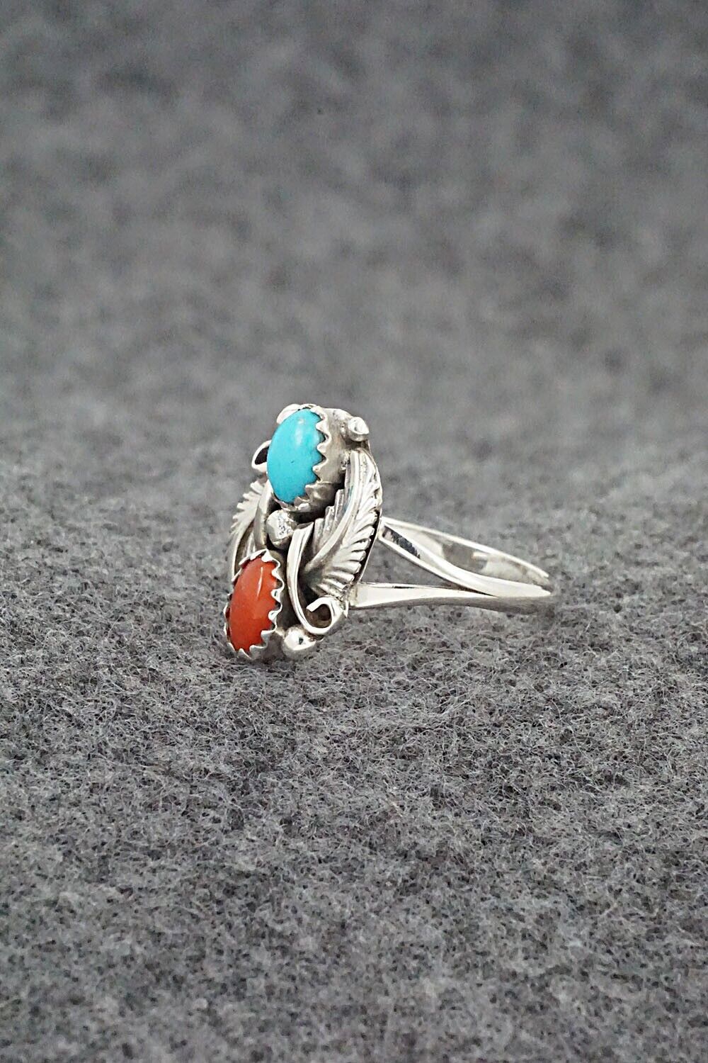 Turquoise, Coral & Sterling Silver Ring - Harris Largo - Size 5.5