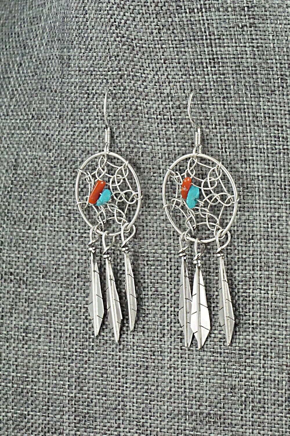 Turquoise, Coral & Sterling Silver Earrings - Lorenzo Arviso Jr.