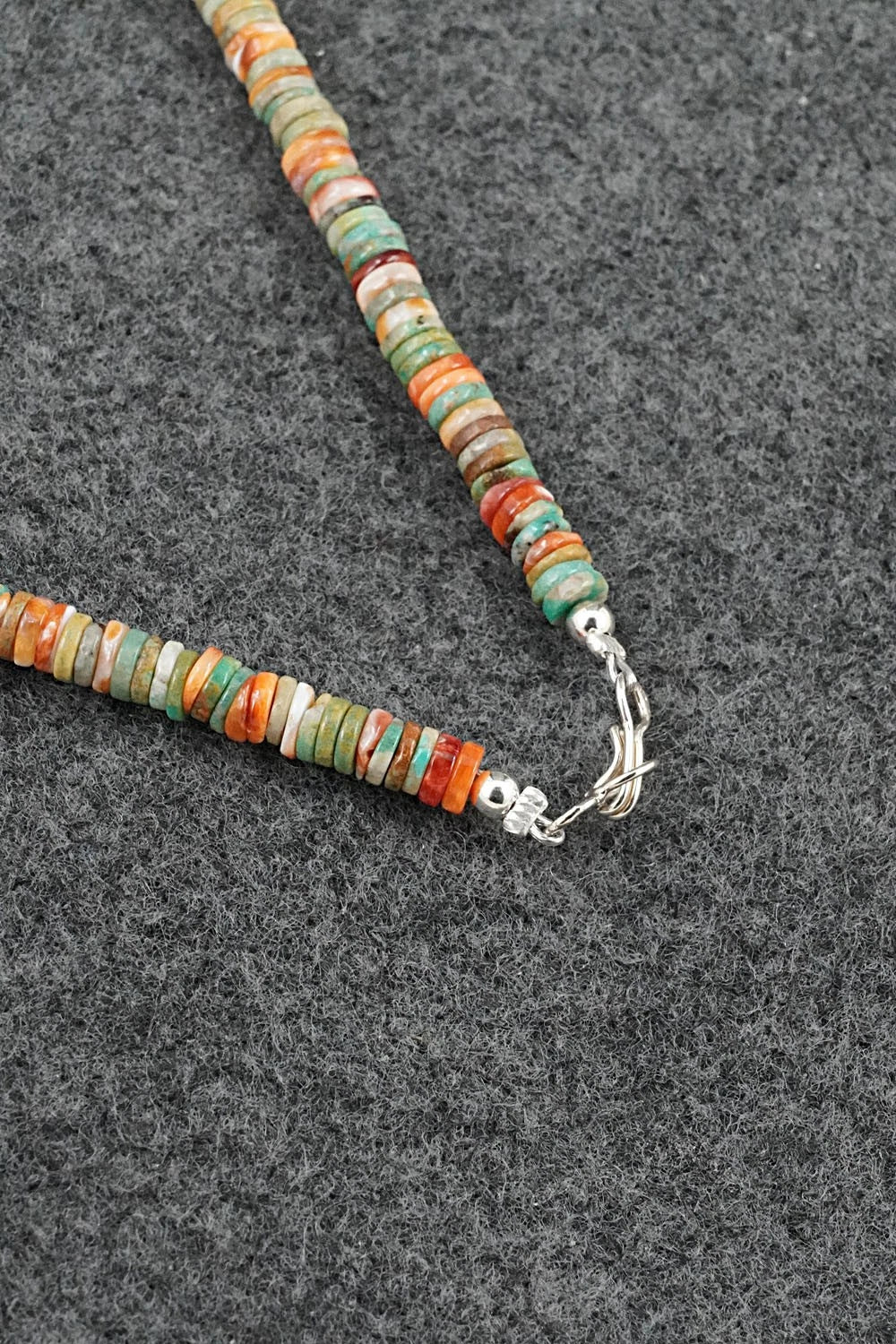 Turquoise, Spiny Oyster & Sterling Silver Necklace 17" - Doreen Jake