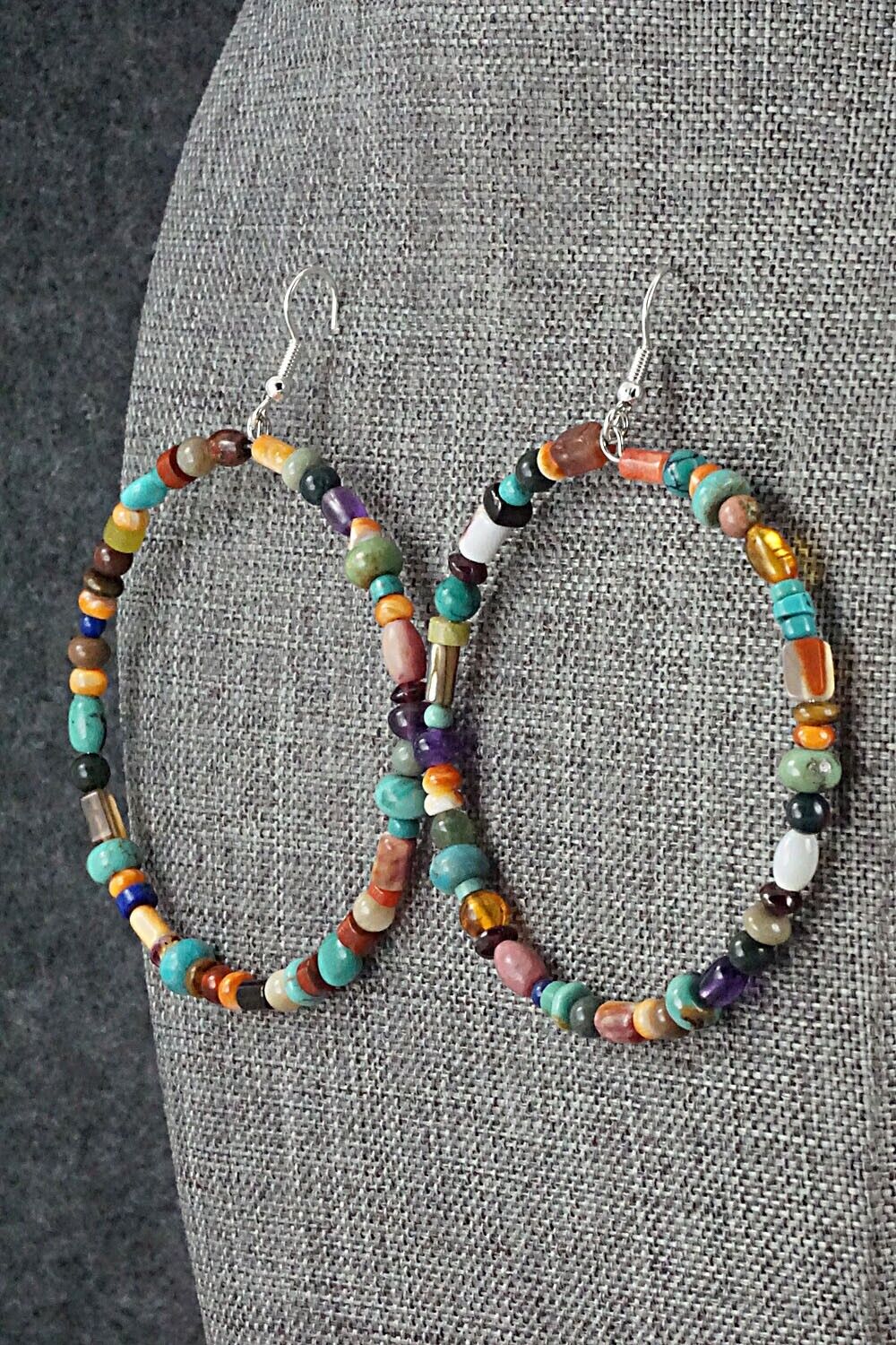 Multi Stone & Sterling Silver Hoop Earrings - Helen Tsosie