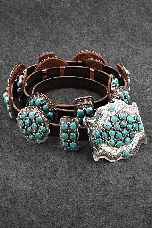 Turquoise, Sterling Silver & Leather Concho Belt - Dan Morgan